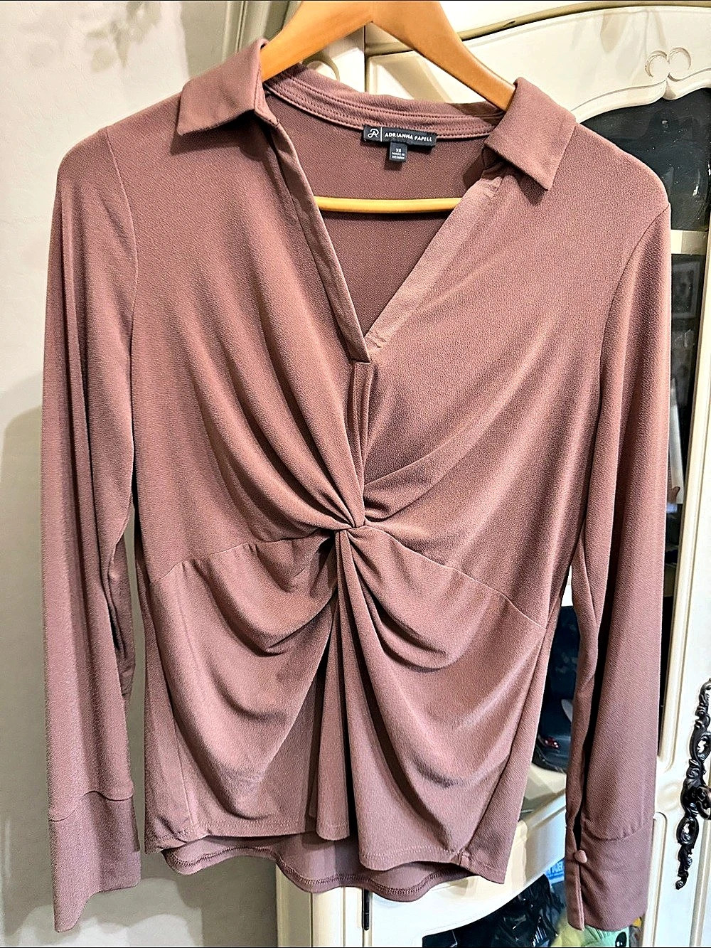 Adrianna Papell Long Sleeve Ruched Blouse in Brown Size XS Like New
